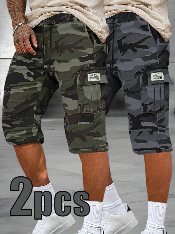 2pcs Men Camouflage Cargo Pants With Multiple Pockets, Men Outdoor Casual Capri Pants