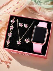 6pcs Set Minimalist Fashion LED Digital Electronic Watch & Rhinestone Jewelry Set, Suitable For Teenagers, Middle & High School Students, Back To School Essential Includes Necklace, Bracelet, Earrings And Ring