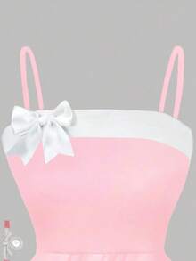 This Elegant And Fashionable Summer Girls' Dress Features A Simple Pink And White Color Block Design, With A Bow-Decorated Shoulder Strap. Suitable For Vacation, Valentine's Day, Birthday, Party, Daily Outdoor Travel And Other Occasions, Also Makes A Great Gift For Children. - Baby Pink - View 6