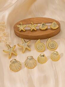 2-12pcs/Set Fashion Starfish, Shell Earrings Set, Suitable For Summer Travel And Holiday Wear