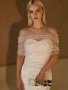 1 件新娘仿珍珠薄纱披肩，黑白短款露肩性感新款跨境伴娘臂套斗篷、派对和婚礼披肩 - 彩色 - 查看 10