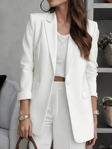Women's Solid Color Notched Collar Blazer Jacket, Button Front Pocket Design, Long Sleeve Office Wear, Versatile For Business And Casual, Suitable For Autumn, Winter And Spring - White - View 1