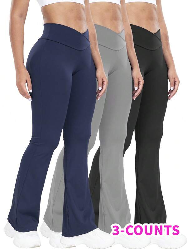 3-Pack Women's Flare Leg Yoga Pants - High-Waisted Cross Waistband, Smooth Stretchy Knit Fabric - All-Season Sports Leggings | Tummy Control | Butt Lifting Design