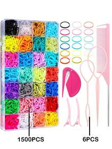 1506个随机颜色弹力发圈，28种颜色迷你柔软发圈发饰套装（女孩适用） - 彩色 - 查看 2