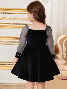 Abito da principessa in velluto e pizzo con maniche lunghe in rete, decorato con perle, adatto a ragazze di 4-7 anni, colore nero, adatto per uso casual, vacanze e occasioni di festa, primavera/autunno