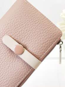 回到学校短款女士学生撞色拼接钱包，柔软 PU 多功能卡包，时尚按扣年轻学生大容量拉链零钱包，轻巧时尚，携带方便，适合作为节日礼物