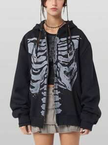 Women Y2K Skeleton Zip Up Hoodie Fairy Grunge Skull Graphic Oversized Long Sleeve Gothic Hooded Sweatshirt Pullover Tops Fall Winter Vintage Aesthetic Jacket Coats Teen Girls Goth Harajuku Clothes Outerwear Streetwear Halloween Clothes Outfits - 黑色 - 查看 3