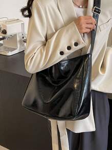 Bolso de hombro de mujer de estilo de moda, sencillo y clásico, con diseño de asa ajustable y cruzada, de tela texturizada de unicolor casual y versátil, adecuado para el uso diario de estudiantes universitarios, con gran capacidad de almacenamiento