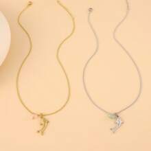 1pc Women's Stainless Steel Beach & Ocean Themed Shark Pendant Necklace With Natural Stone, Simple Everyday Necklace