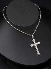 1 件简约水钻镶嵌十字架不锈钢项链，长款多层项链，适合日常佩戴，男女通用