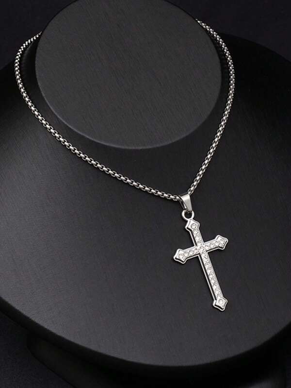 1pc Minimalist Rhinestone Inlaid Cross Stainless Steel Necklace, Long Layering Necklace For Daily Wear, Unisex