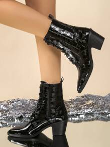 Bottes femme à 7 trous, style britannique à Talons Épais, bottes fuselées avec fermeture éclair latérale, lacets, bottes courtes , talons hauts mode, bottes  à bout carré, pour le printemps et l'automne