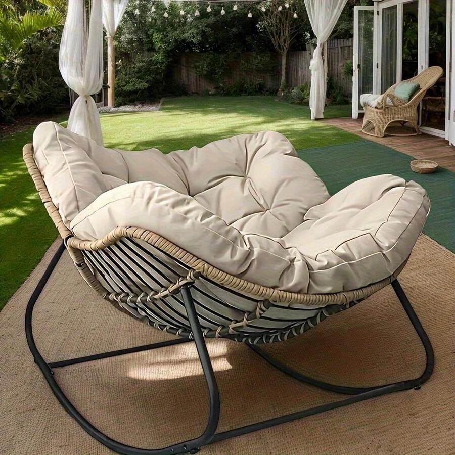 Skin-Friendly And Comfortable Outdoor Patio Rocking Chairs, Egg Chairs, Royal Papasan Chairs, Extra-Large Outdoor Lounge Chairs With Thickened Cushions, Leisure Rocking Chairs Perfect For Patios, Gardens, Outdoor Activities, And Holiday Relaxation. An Ideal Gift For Valentine's Day. For Outdoor Use Only. - Ghế bập bênh cỡ lớn - Trắng - Xem 1