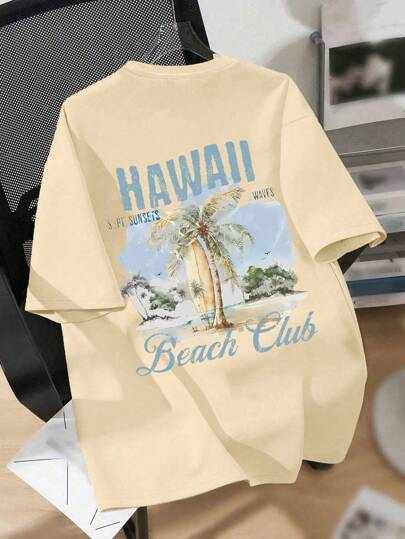 女童休闲简约女童T恤夏威夷椰子树图案蓝色字母海边风套头衫圆领短袖T袖夏季新款女童衣服儿童短袖上衣