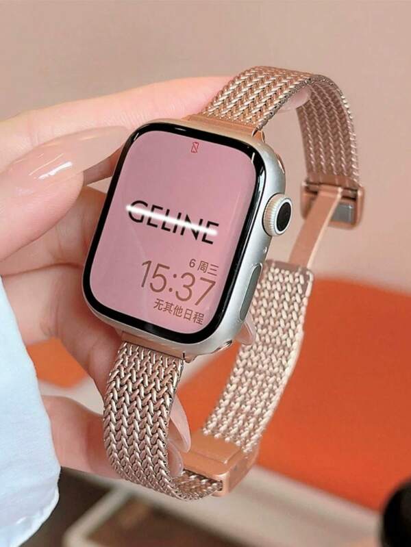 1pc Compatible With Apple Watch Band Women's Apple Watchband 14mm Narrow Metal Magnetic Strap Rose Gold Is Compatible With Apple Watch Size 46/45/41/40/42/38/49/44mm, Suitable For Apple Watch SE/S10/9/8/7SE4/5/6/3/2/1 Ultra 3/2/1, Weave Pattern Design, Advanced Apple Watch Strap Autumn And Winter Thin Metal Smart Watch Band.AppleWatch Accessories