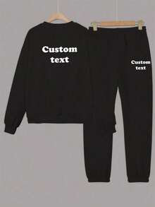 Customize Personalized Gifts With Unique Design, Add Your Own Text And Images (Badge Pattern/Company Logo/Family Photo/Selfie/Pet), Personalized Sweatshirt And Sweatpants Two Pieces Set - Black - View 2