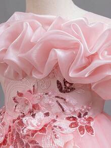 Young Girl Lace Beaded Petal Elegant Ombre Mini Dress, Flower Girl Wedding Party Princess Long Gown - Pink - View 5