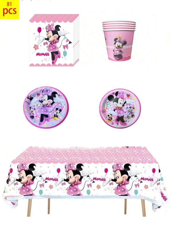 Disney 81pcs Disney Minnie Mouse Disposable Tableware Set Including 20 Plates, 20 Dessert Plates, 20 Cups And 20 Napkins, 1 Tablecloth, Disposable Party Supplies Set For Camping, Picnics, Backyard BBQ, Weddings, Birthdays