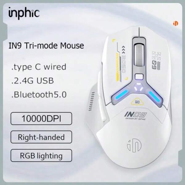 inphic Ratón inalámbrico inteligente Inpic con 3 modos (con cable, Bluetooth), ergonómico para e-sports, 6 botones programables, 10,000 DPI, ajuste de retroiluminación RGB de alta precisión, adecuado para PC portátiles y juegos