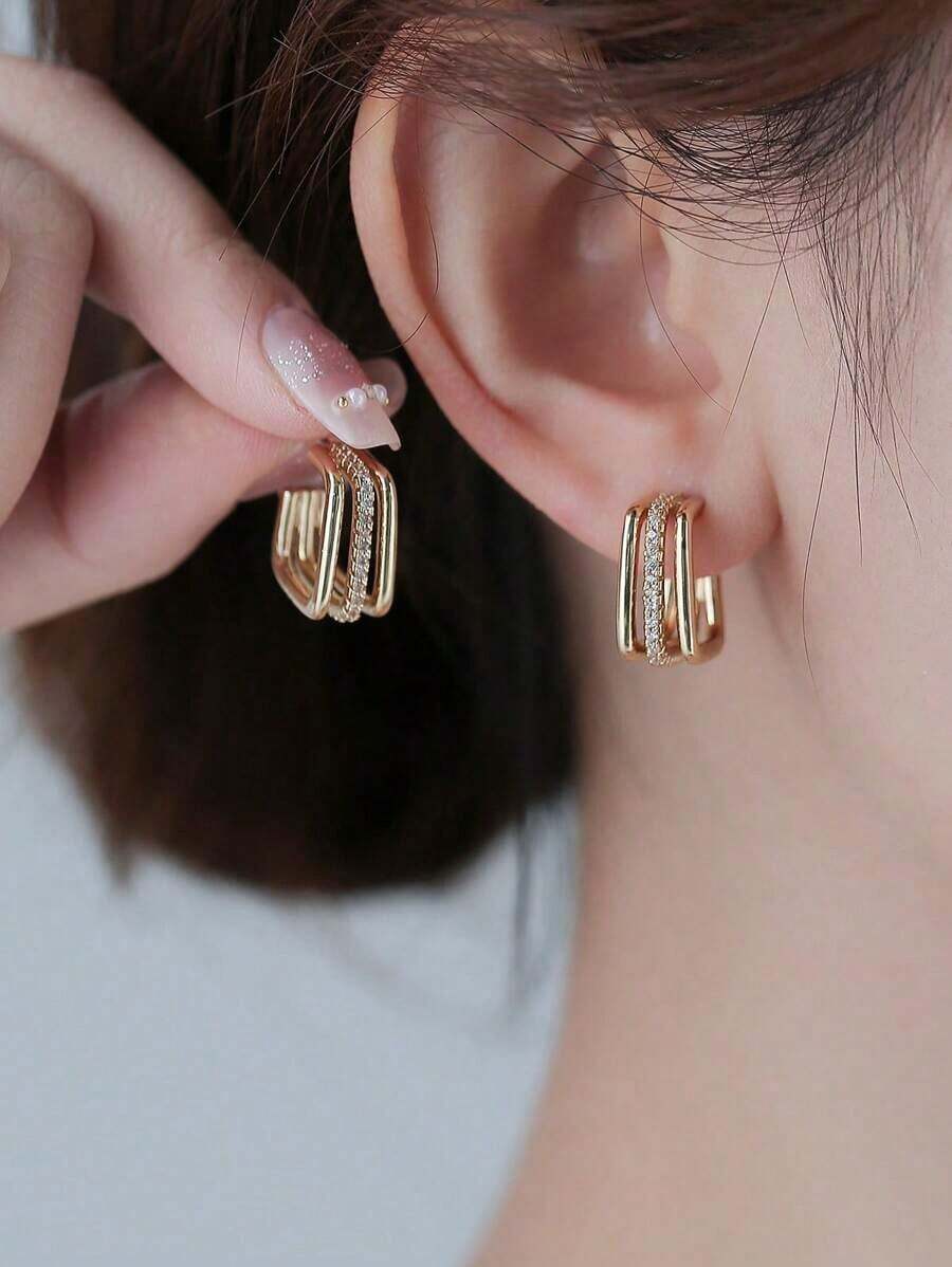 1pair Fashionable Cubic Zirconia Decor Geometric Cuff Hoop Earrings For Women For Daily Decoration - Yellow Gold - View 1