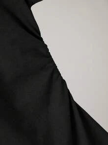 女士休闲修身蝴蝶印花荷叶边纯色套头圆领短袖连衣裙黑色夏季优雅 - 黑色 - 查看 3