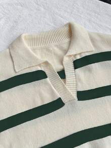 春秋新款POLO领复古条纹撞色长袖针织衫女式宽松半开襟复古风毛衣上衣圣诞新年