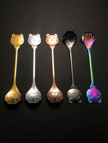 1 pièce Cuillère à café en acier inoxydable avec patte de chat porte-bonheur et visage souriant, cuillère à dessert mignonne de chat, cuillère à glace - Multicolore - Voir 6