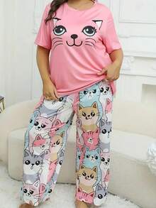 3-Piece Plus Size Cartoon Cat Round Neck Short Sleeve Pajama Set - Nhiều màu - Xem 5