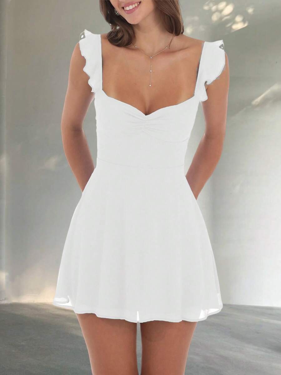 Women Y2K Mesh Cami Mini Dress Solid Color Ruffles Straps Open Back Ruched Front Smocked Waist Bodycon Flowy A-Line Short Dress Summer Back Tie-Up Backless Sleeveless Going Out Dresses Prom Party Club Cute Dress - 白色 - 查看 1