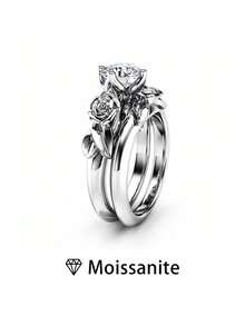 1pc Women's Wedding Ring, Stacking Rose Flower Ring, 5.2g Pure S925 Silver, 1.5 Carat Moissanite, Bohemian Palace Style, Engagement, Wedding, Anniversary, Valentine's Day Gift, With Moissanite Certificate And Deluxe Gift Box