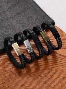 1pc Pure Black Matte Finish Black Buckle Men's Pu Leather Bracelet, Titanium Steel Punk Braided Wristband