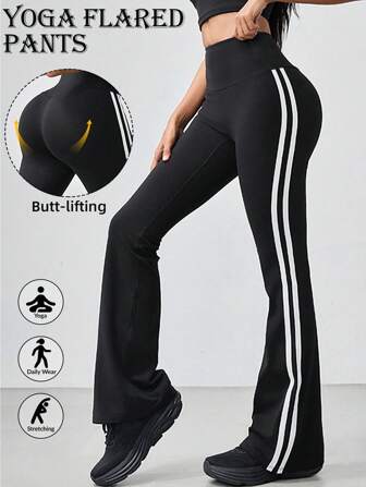 Black Yoga Flared Sports Pants High Waist Fitness Wide Leg Sweatpants Peach Butt Lifting Basic Leggings Breathable Side Stripe Trousers Softness Flare Yoga Pants Daily&Casual Women's Tummy Control Workout Sports Trousers
