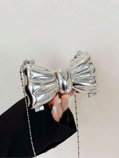 Acrylic Electroplated Metallic Silver Shiny Bow Decor Clutch Bag, Versatile Women's Personalized Fashion Chain Lipstick Pouch, Jewelry/Earphone/Cosmetic Storage Box, Ladies, Suitable Valentine's Day, Party, Wedding Dress Decoration, Date Use Shoulder/Crossbody Bag, Elegant Ladies Coin Purse