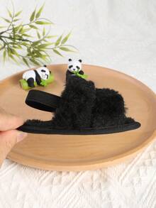1 Pair Girls & Boys Thermal Lined Elastic Band Slip-On Design Infant Toddler Sandals & Slippers Slippers, Winter - Black - View 9
