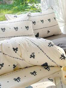 2/3件套黑色蝴蝶结、深灰色、超柔软、学生风、甜美可爱、磨毛被套枕套套装，春夏款，适用于双人床、大号床、特大号床 - 黑與白 - 查看 8
