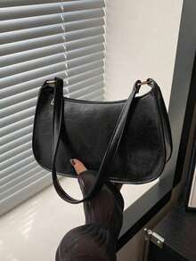 纯色极简拉链单肩包，时尚新月形包，拉链单肩包，仿皮纯色钱包，酒红色内衣收纳袋，理想的新年礼物，时尚酒红色内衣收纳袋 - 黑色 - 查看 1