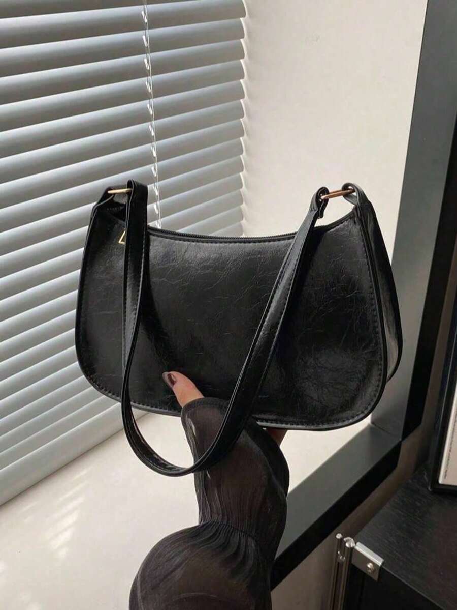 纯色极简拉链单肩包，时尚新月形包，拉链单肩包，仿皮纯色钱包，酒红色内衣收纳袋，理想的新年礼物，时尚酒红色内衣收纳袋 - 黑色 - 查看 1