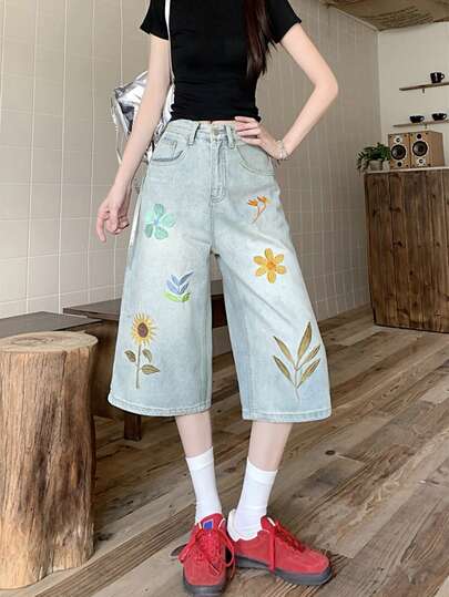 Quần Jeans ống đứng rộng 3/4 thêu hoa mới mùa hè, thiết kế cổ điển dành cho nữ