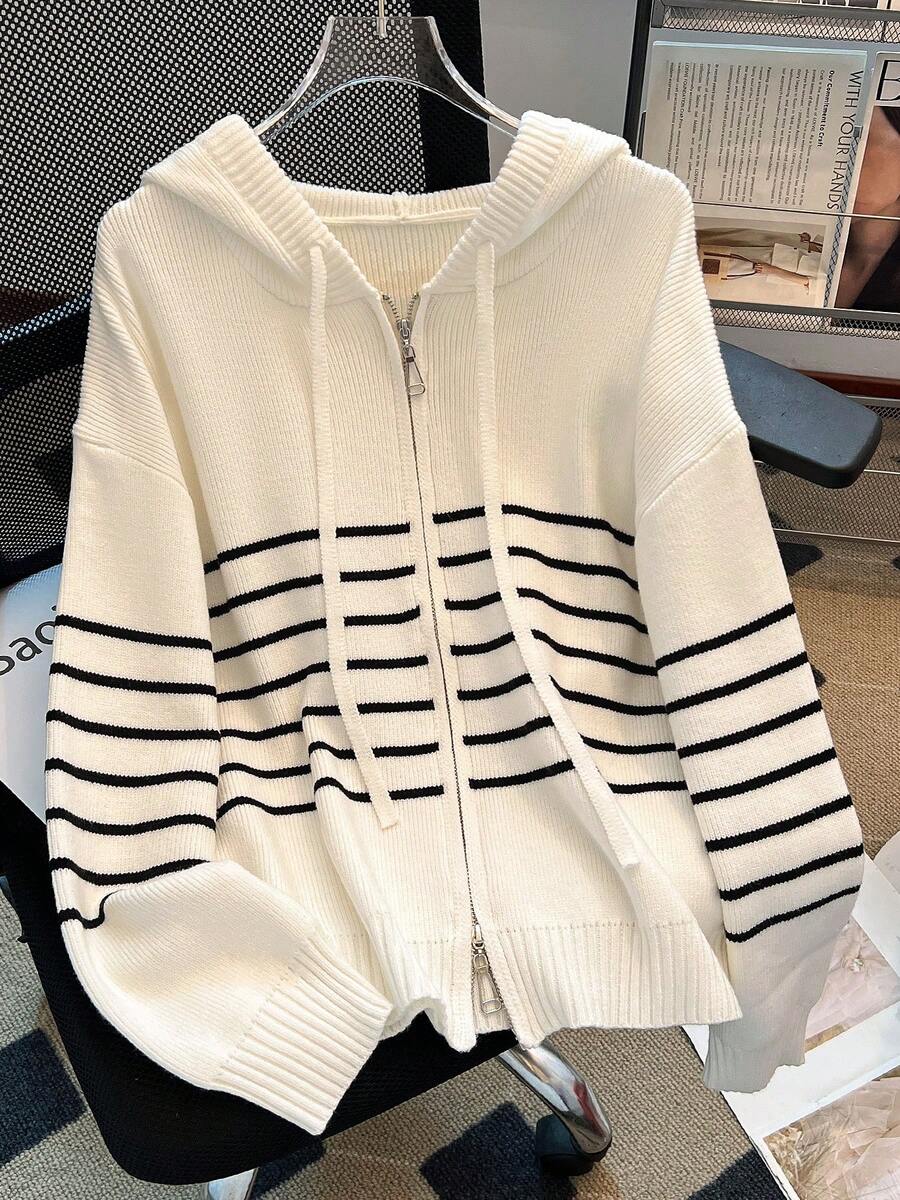 秋冬撞色条纹学院风双面拉链连帽休闲宽松针织开衫 - 白色 - 查看 1