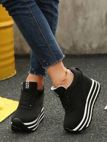 秋冬女式休闲系带厚底运动鞋，时尚百搭滑板鞋 - 黑色 - 查看 8