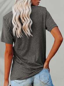 Tropical Sunset And Hibiscus Flower Print Women's Blend T-Shirt - Suitable For Vacation Wear, Casual Summer Beach Style, Fashionable Graphic Blend T-Shirt - 灰色 - 查看 5