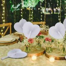 5/10/20pcs Customized White Folding Paper Fans With Heart-Shaped Plastic Handles, Suitable For Weddings, Souvenirs, Parties, Durable, Colorful, Cute For Birthday, Children's Day, Father's Day, Graduation, Wedding, Housewarming