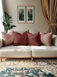 4 件装饰枕套，几何图案，100% 防过敏聚酯纤维靠垫套，复古亚麻材质，隐形拉链，可机洗，简约现代线条设计，拉链开合，家居装饰抱枕套，适用于沙发、客厅、卧室，无枕芯 - 紅色 - 查看 3