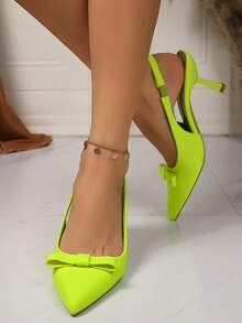 优雅奢华尖头高跟鞋，水晶蝴蝶结装饰绒面低跟细高跟鞋，时尚女士凉鞋 - 薄荷綠 - 查看 3