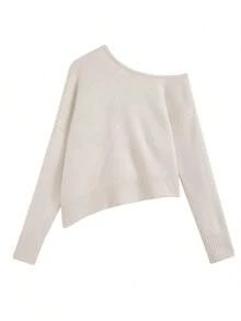 Áo len Mohair cho nữ, áo trễ vai bất đối xứng, phong cách giản dị rộng rãi - Màu be - Xem 5