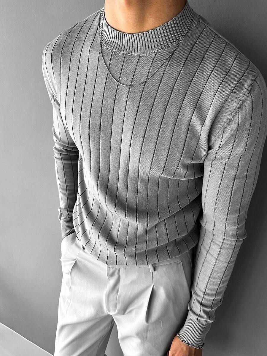 男士 Old Money 加厚百搭毛衣，秋冬款，长袖上衣 - 灰色 - 查看 1