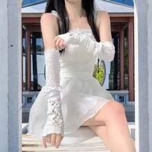 1 双 Y2k 芭蕾风格性感蕾丝 DIY 绑带防晒袖套 Lolita Jk 臂套优雅万圣节露指手套黑色哥特式 DIY 绑带防晒袖服装配饰弹力网眼朋克手套