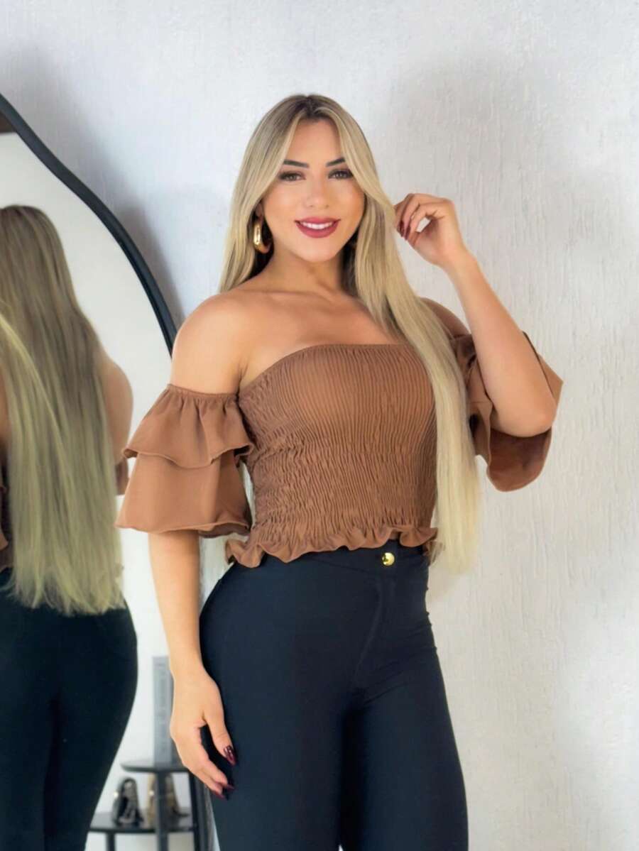 Simple Ruffle Hem Pleated Gathered - Mocha Brown - View 1