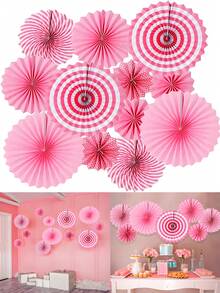12 件派对悬挂纸扇套装，节日圆形图案纸花环装饰，适用于新年、生日、婚礼和节日等各种活动配件（粉色）