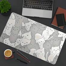 巨猫设计游戏鼠标垫|防滑橡胶底座|缝合边缘|多功能桌垫，适用于键盘和鼠标|非常适合家庭办公室和游戏设置，游戏桌配件|卡通猫印花|橡胶鼠标垫，游戏鼠标垫，学校用品，返校 - 灰色 - 查看 6
